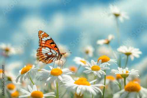 Butterfly on a chamomile flower in a vibrant field. Nature's pollination and summer bloom concept ,generative ai