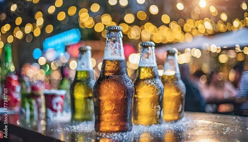 Advertising Ice cold beer bottles on the table, celebration concept