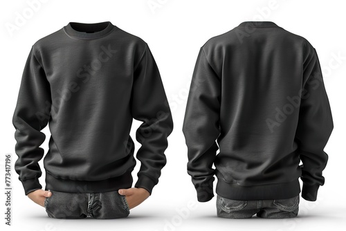 Set of black front and back view tee sweatshirt sweater long sleeve on transparent background cutout