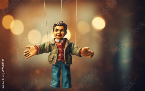 A man figurine hanging from strings, suspended in mid-air with limbs extended