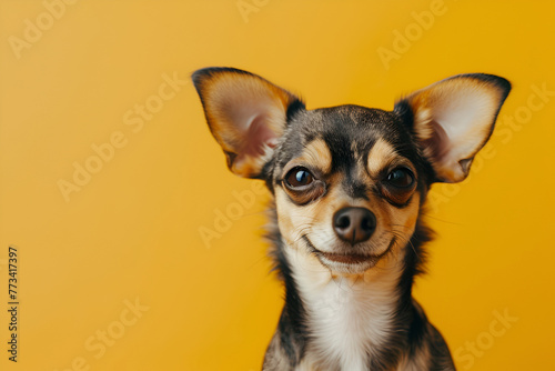 Portrait of a funny dog close-up on yellow background