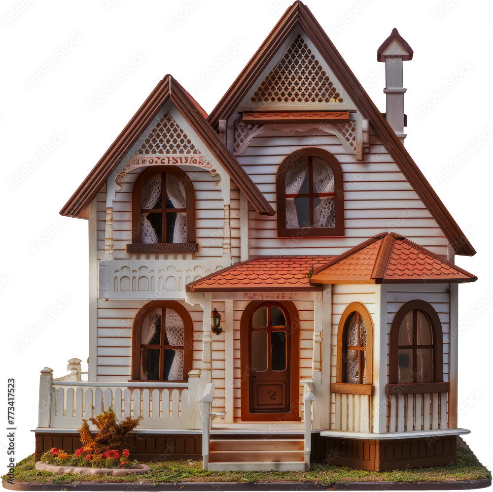 Miniature Victorian dollhouse with intricate details cut out on transparent background