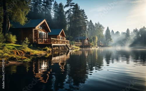 Tranquil body of water with lush trees and quaint houses lining its shores