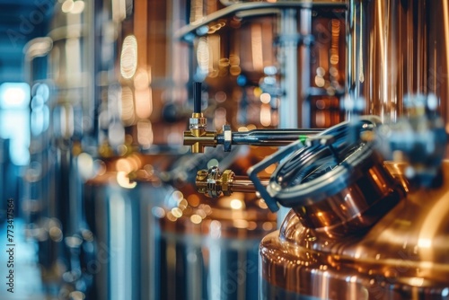 Craft Brewery Process: The brewing process in a craft beer brewery. Detail of brewing tanks in a craft beer brewery, fitting for beverage education content.