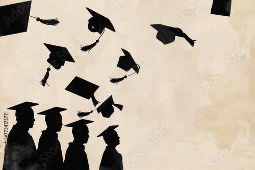 graduation day, back and white illustration, Graduation concept with three graduates, perfect for educational themes and events.