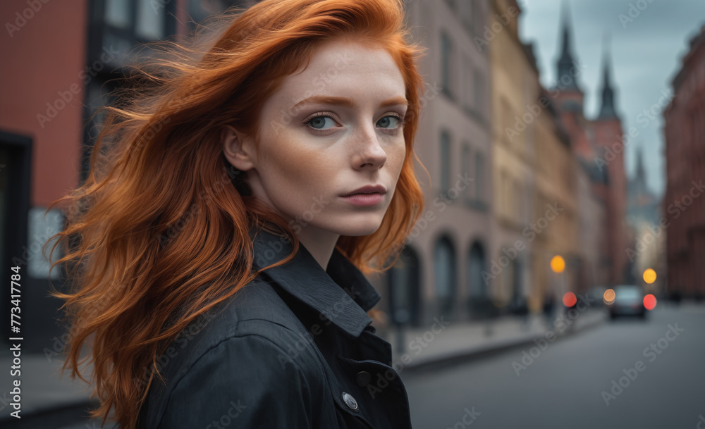 Portrait of a beautiful red-haired model, a ginger model with a face of beauty and red hair, noir, contrast, color paint, multiple colors, city at background , detailedPortrait of a beautiful red-hair