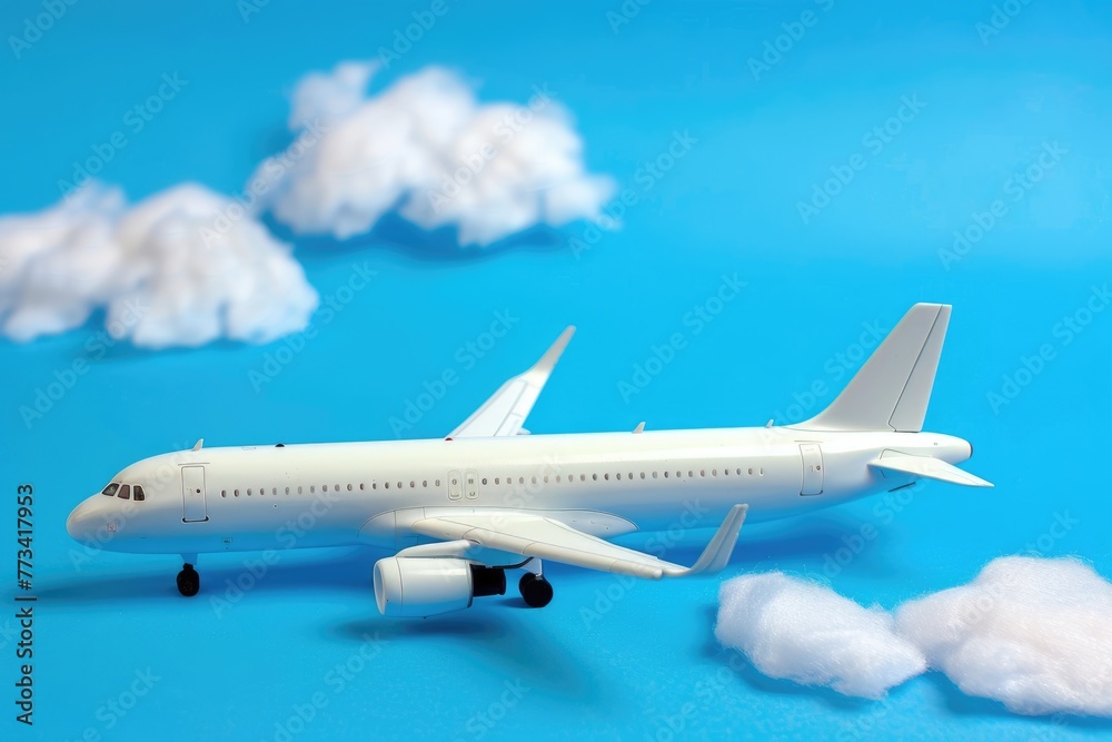 Close Up Airplane Model with Clouds on Blue Background for Transport & Vacation Concept - Copy Space Available