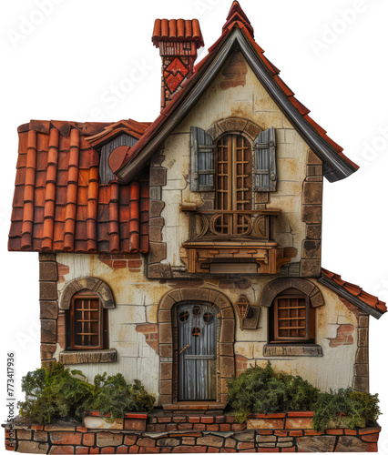 Miniature Victorian dollhouse with intricate details cut out on transparent background