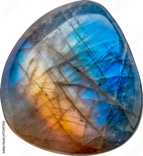 Polished moonstone cabochon with blue and golden sheen cut out on transparent background photo