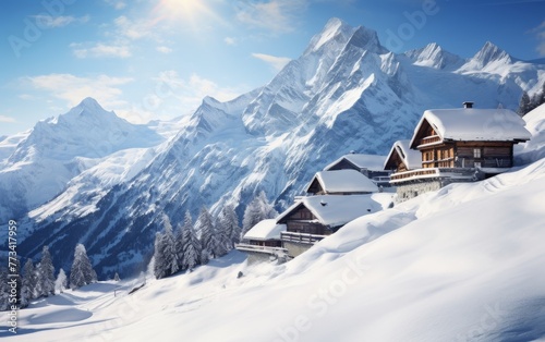 A house nestled beneath a snow-covered mountain, surrounded by serene beauty