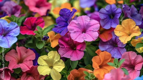 Close-Up of Colorful Petunia Blooms in a Flowerbed. Vibrant Petunia Blossoms Display a Beautiful Array of Colors