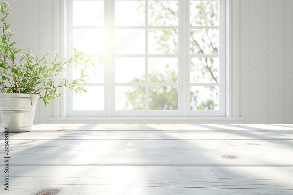 Empty white wooden table with window, placement product background Empty white wooden table with window, placement product background