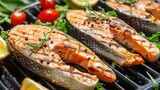 Delicious Grilled Salmon Steak Slices Served with Fresh Salad and Vegetables on a Red Background