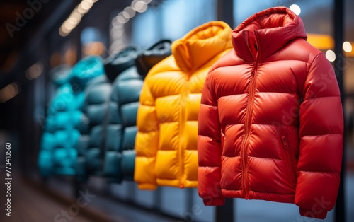 A vibrant row of colorful down jackets hanging on a rack