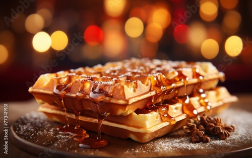 Plate of waffles covered in syrup and nuts