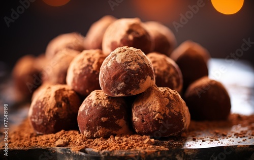 A sumptuous pile of decadent chocolate truffles sits elegantly atop a wooden table © zainab