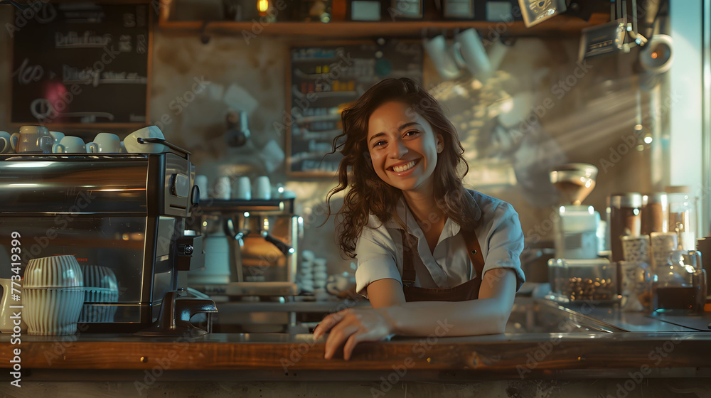 A cheerful Latin woman barista with a warm smile, skillfully preparing coffee drinks behind the counter of a cozy coffee shop, creating a welcoming atmosphere for customers. Ai generated A cheerful Latin woman barista with a warm smile, skillfully preparing coffee drinks behind the counter of a cozy coffee shop, creating a welcoming atmosphere for customers. Ai generated