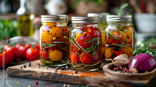 Fresh tomatoes and other vegetables preserved in jars with herbs and spices.