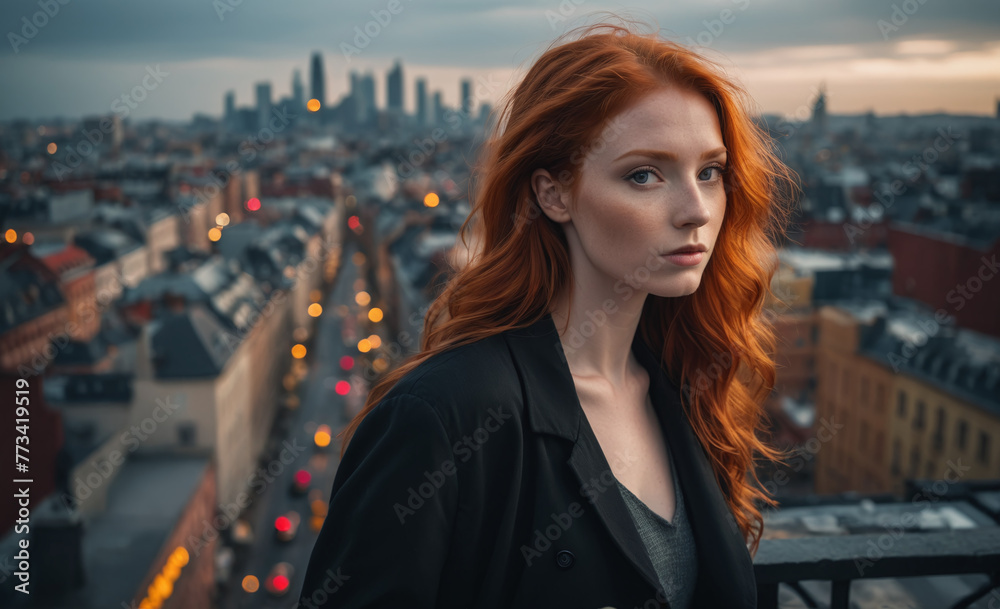 Portrait of a beautiful red-haired model, a ginger model with a face of beauty and red hair, noir, contrast, color paint, multiple colors, city at background , detailedPortrait of a beautiful red-hair