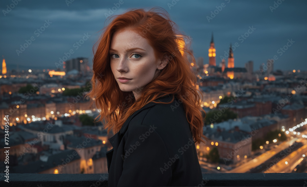 Portrait of a beautiful red-haired model, a ginger model with a face of beauty and red hair, noir, contrast, color paint, multiple colors, city at background , detailedPortrait of a beautiful red-hair