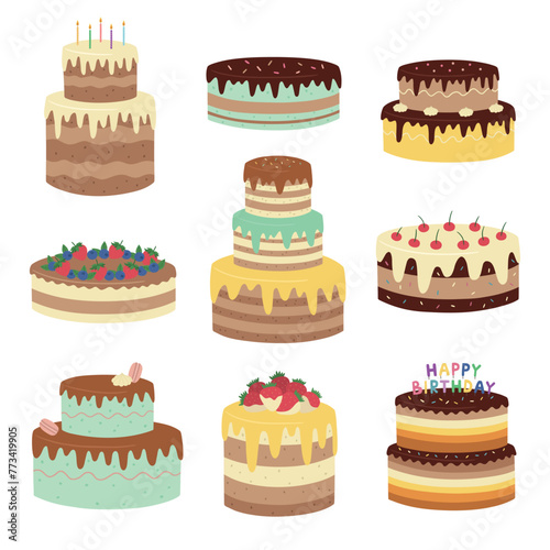 A collection of bright cute cakes. Hand-drawn birthday cakes. Vector illustration in a flat style on a white background © Victoria Guzeeva