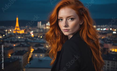 Portrait of a beautiful red-haired model, a ginger model with a face of beauty and red hair, noir, contrast, color paint, multiple colors, city at background , detailedPortrait of a beautiful red-hair photo