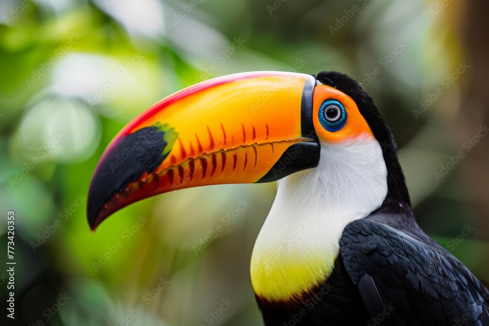 Fototapeta premium A detailed view of a colorful toucan bird perched on a tree branch
