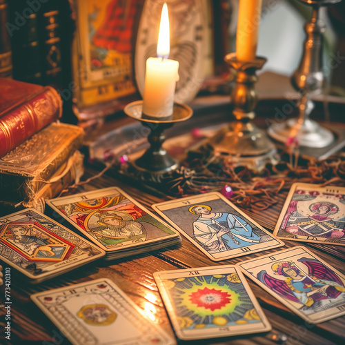 image of a tarot reader's table, deck of tarot cards, prediction of the future, layout, exciting question. AI generated