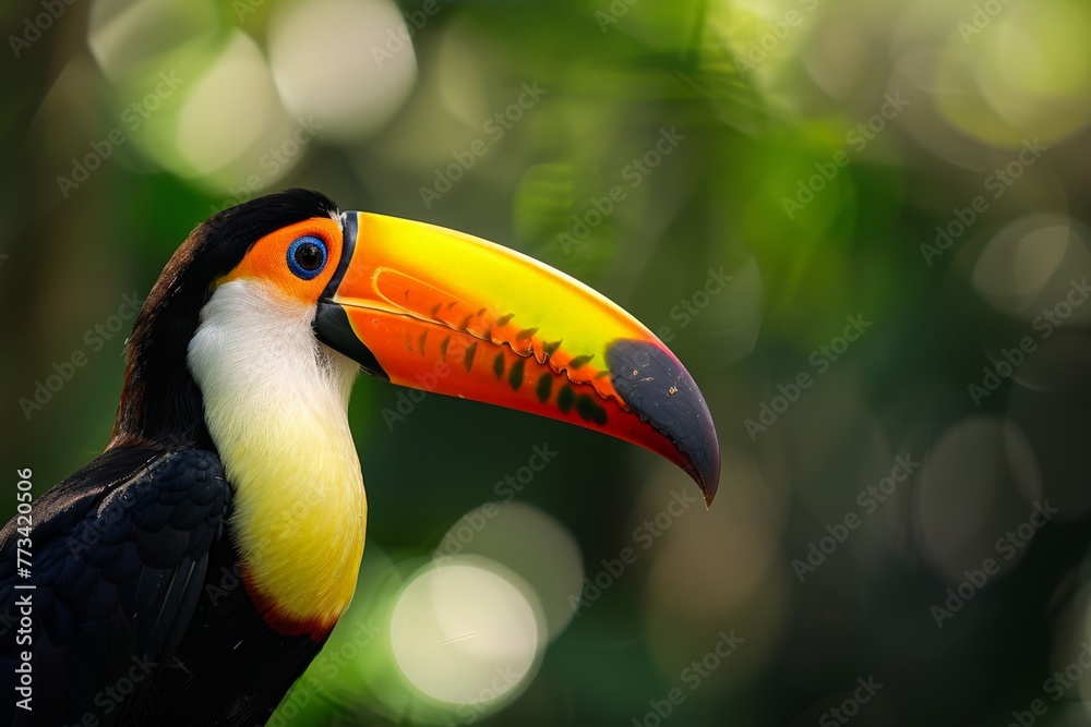 Fototapeta premium A close-up view of a toucan bird showcasing its vibrant and colorful beak, feathers, and eyes