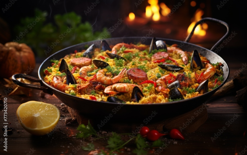 A colorful and aromatic pan of traditional Spanish paella, featuring succulent shrimp and fresh mussels