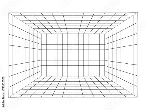 3d wireframe grid room. Abstract Perspective Geometric shape. Cube with perspective