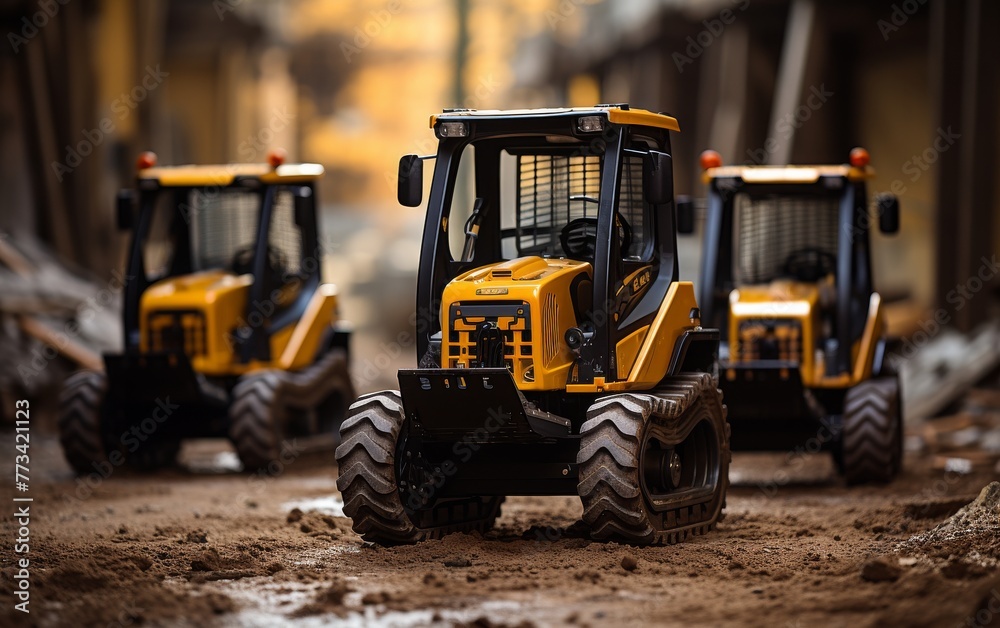 Two small yellow tractors are parked together on a dirt field, poised as if engaged in a synchronized dance routine