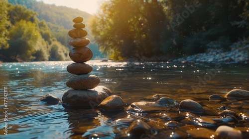 A stack of rocks placed on top of a flowing river, creating a striking contrast between natures elements