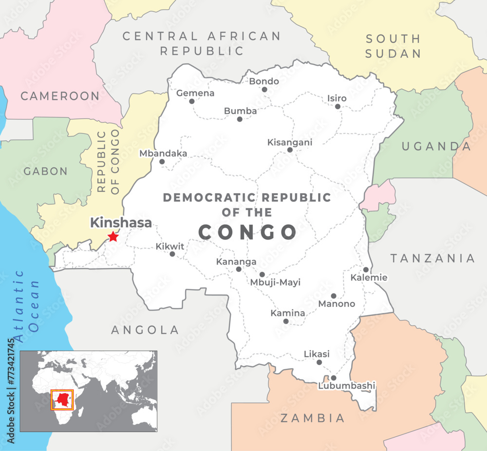 Congo Democratic Republic Political Map with capital Kinshasa, most important cities with national borders