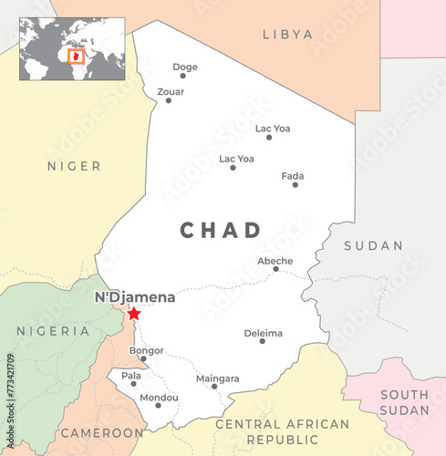 Chad Political Map with capital NDjamena, most important cities with national borders
