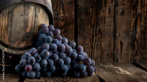 Grape Harvest. A rustic scene featuring a cluster of ripe grapes beside an aged wooden barrel. Making and storing wine