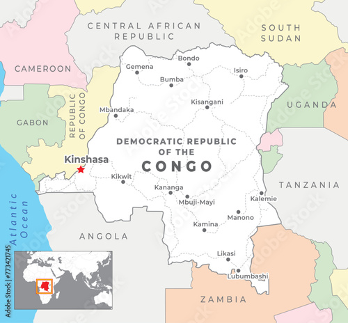 Congo Democratic Republic Political Map with capital Kinshasa  most important cities with national borders
