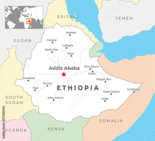 Ethiopia Political Map with capital Addis Ababa, most important cities with national borders photo