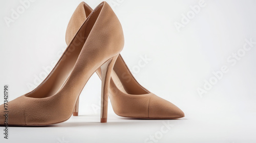 Stiletto beige shoes from suede on white background