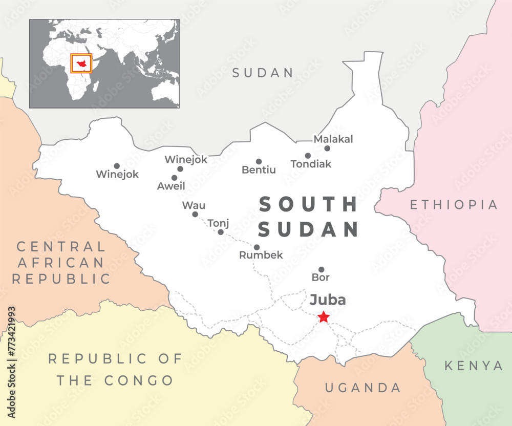 South Sudan Political Map with capital Juba, most important cities with national borders