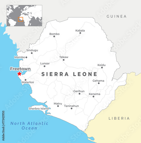 Sierra Leone Political Map with capital Freetown, most important cities with national borders