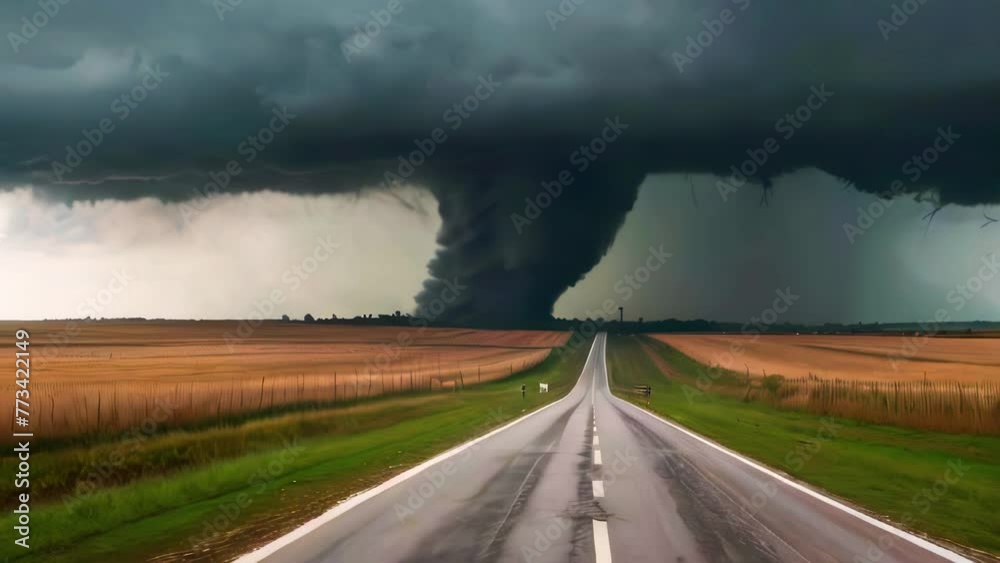 Dark huge whirlwind of tornado over highway in field. Extreme and dangerous natural phenomenon. Car drives away from hurricane vortex zone.