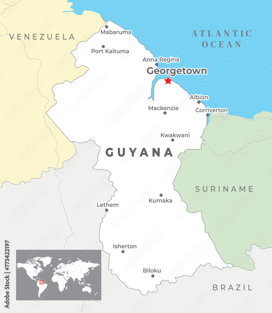 Guyana Political Map with capital Georgetown, most important cities with national borders