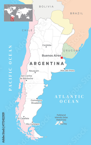 Argentina Political Map with capital Buenos Aires, most important cities with national borders photo