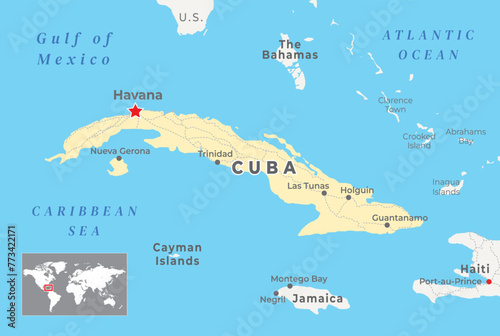 Cuba Political Map with capital Havana, most important cities with national borders