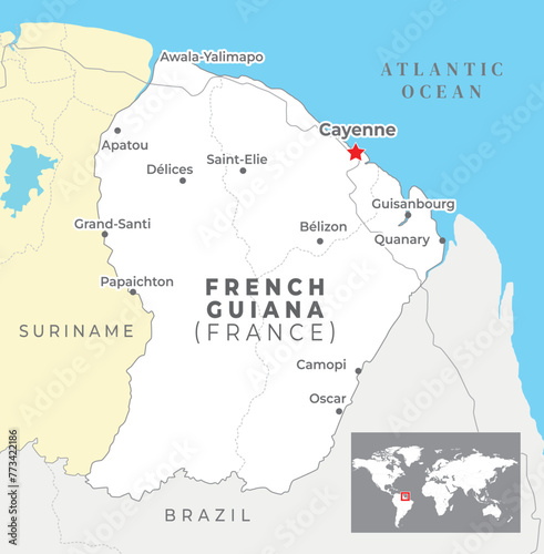 French Guiana Political Map with capital Cayenne  most important cities with national borders