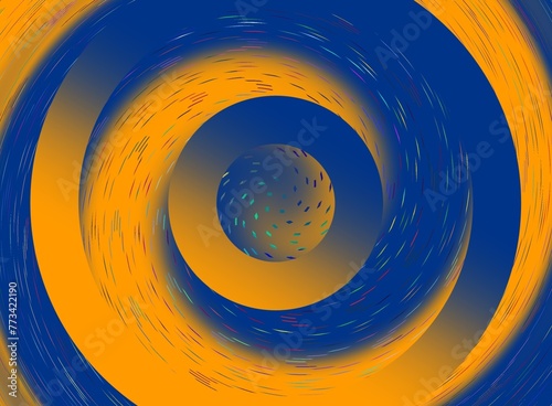 Koła, okręgi w żółto - niebieskiej gradientowej kolorystyce z dynamicznym wirem cienkich, kolorowych kresek oraz kulą w centrum kompozycji. Abstrakcyjne tło graficzne © ellaa44