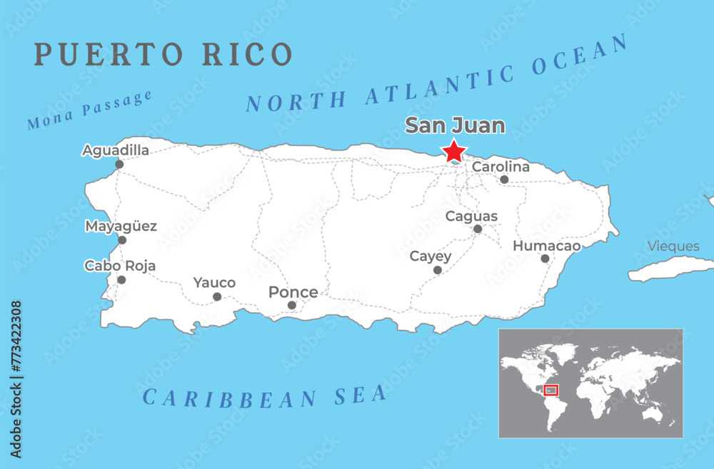 Puerto Rico Political Map with capital San Juan, United States ...