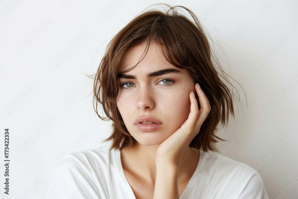 A young woman with a thoughtful expression, gently placing her hand on her face in a moment of introspection A young woman with a thoughtful expression, gently placing her hand on her face in a moment of introspection