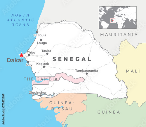 Senegal Political Map with capital Dakar, most important cities with national borders
